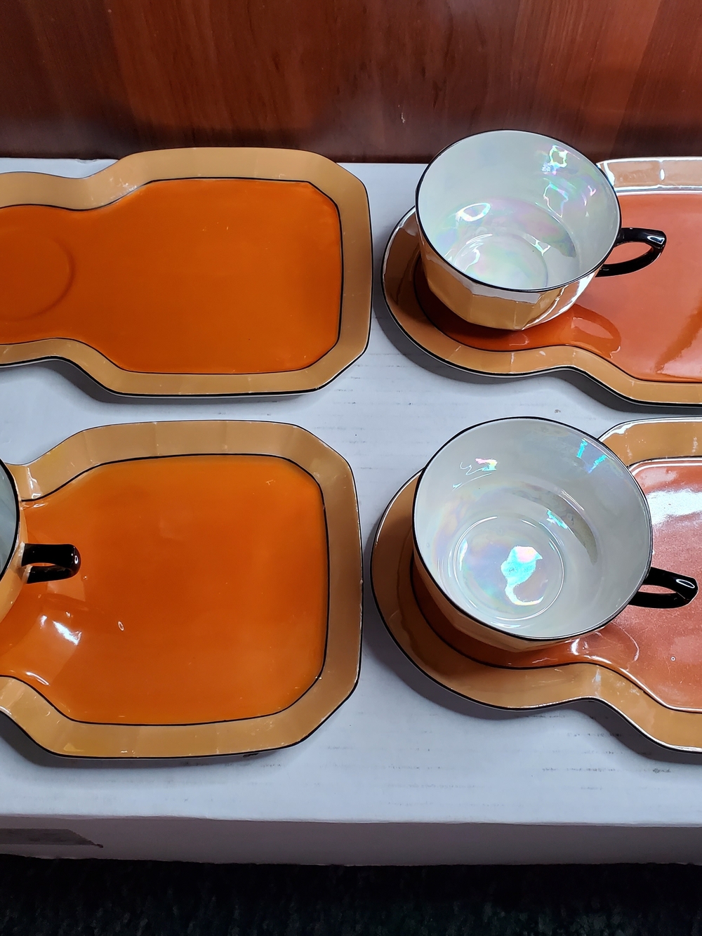 Vintage Art Deco Orange Lusterware Snack Set - 4 Plates & 3 Cups- German